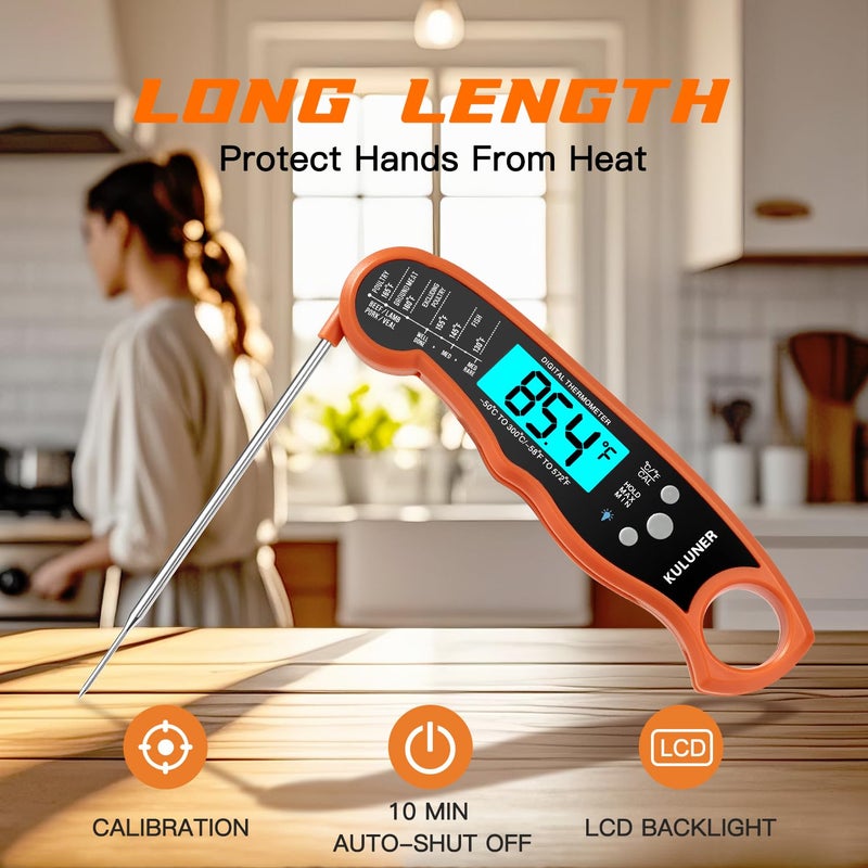 KULUNER TP-01 Waterproof Digital Instant Read Meat Thermometer with 4.6 Folding Probe Backlight Calibration Function for Cooking Food Candy, BBQ Grill, Liquids,Beef(Orange) - Image 5